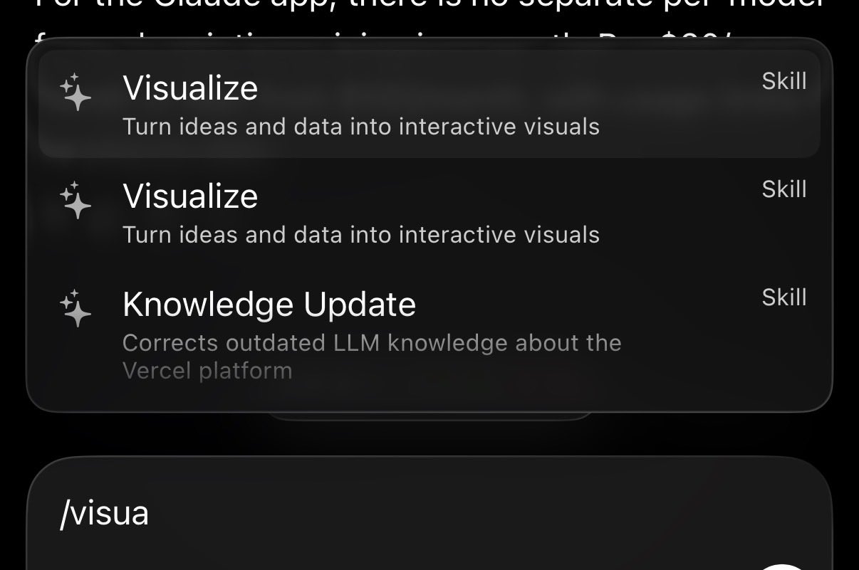 Выпадающий список скиллов с записями Visualize и Knowledge Update при наборе слэш-команды