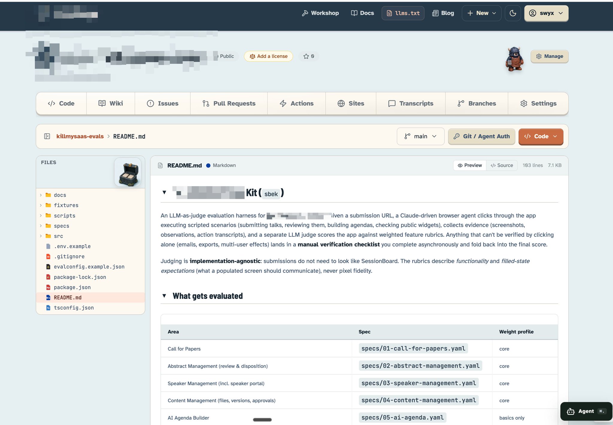 README репозитория killmysaas-evals с таблицей областей проверки и файлов спеков
